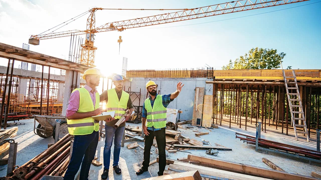 Bauleiter mit Schutzhelmen und Warnwesten auf einer Baustelle mit Baukran – Symbolbild für Outplacement in der Bau- und Immobilienbranche