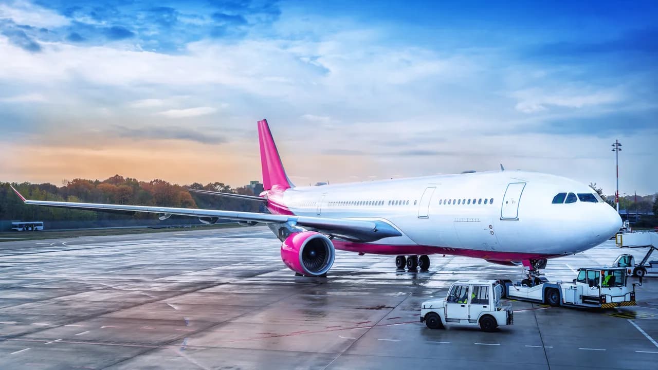 Passagierflugzeug mit Pushback-Schlepper auf dem Vorfeld in der Abenddämmerung – Symbolbild für Outplacement in der Luftfahrt